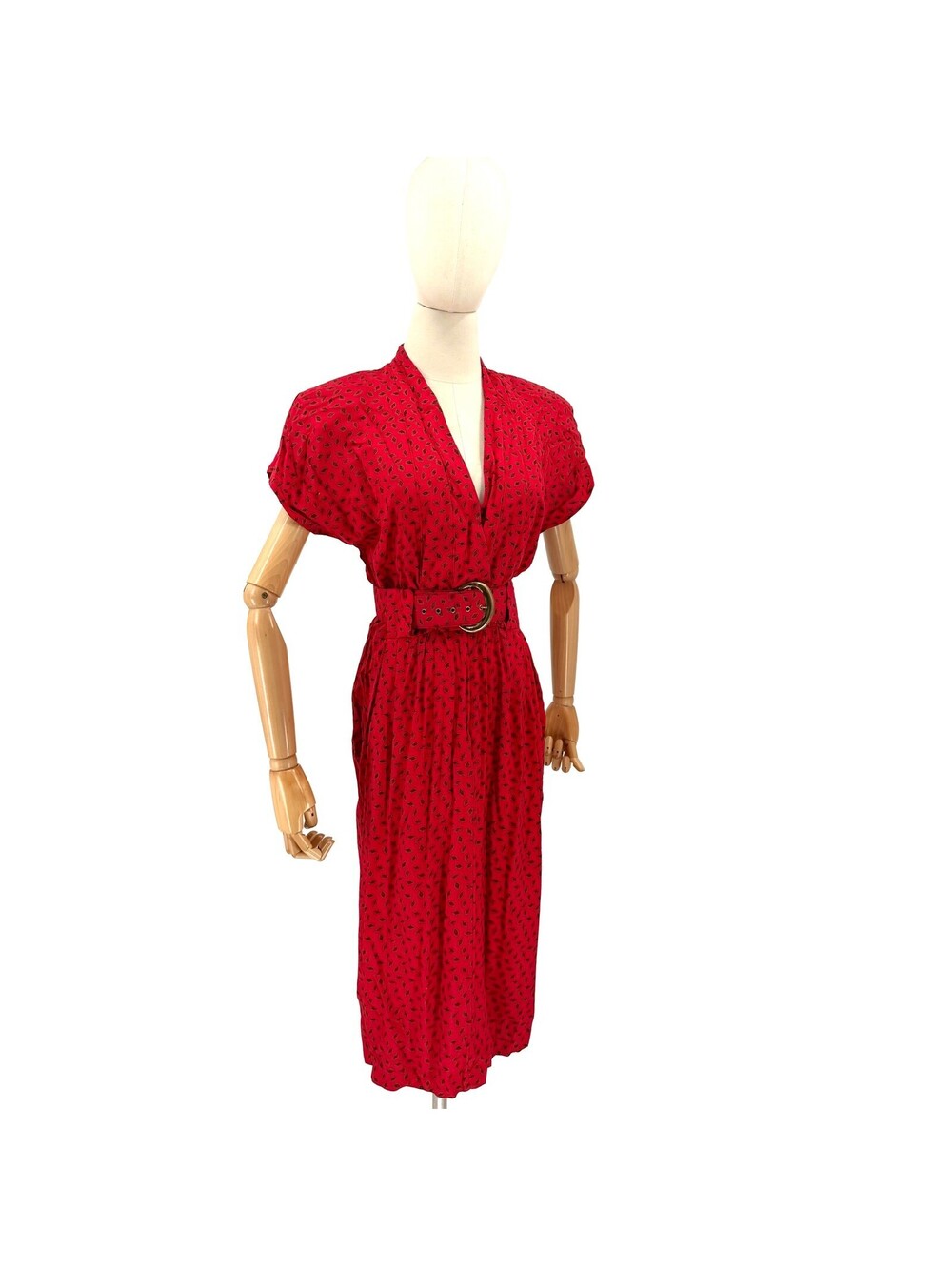 Vintage 80s T Juniors Red Patterned Belted Midi Dress